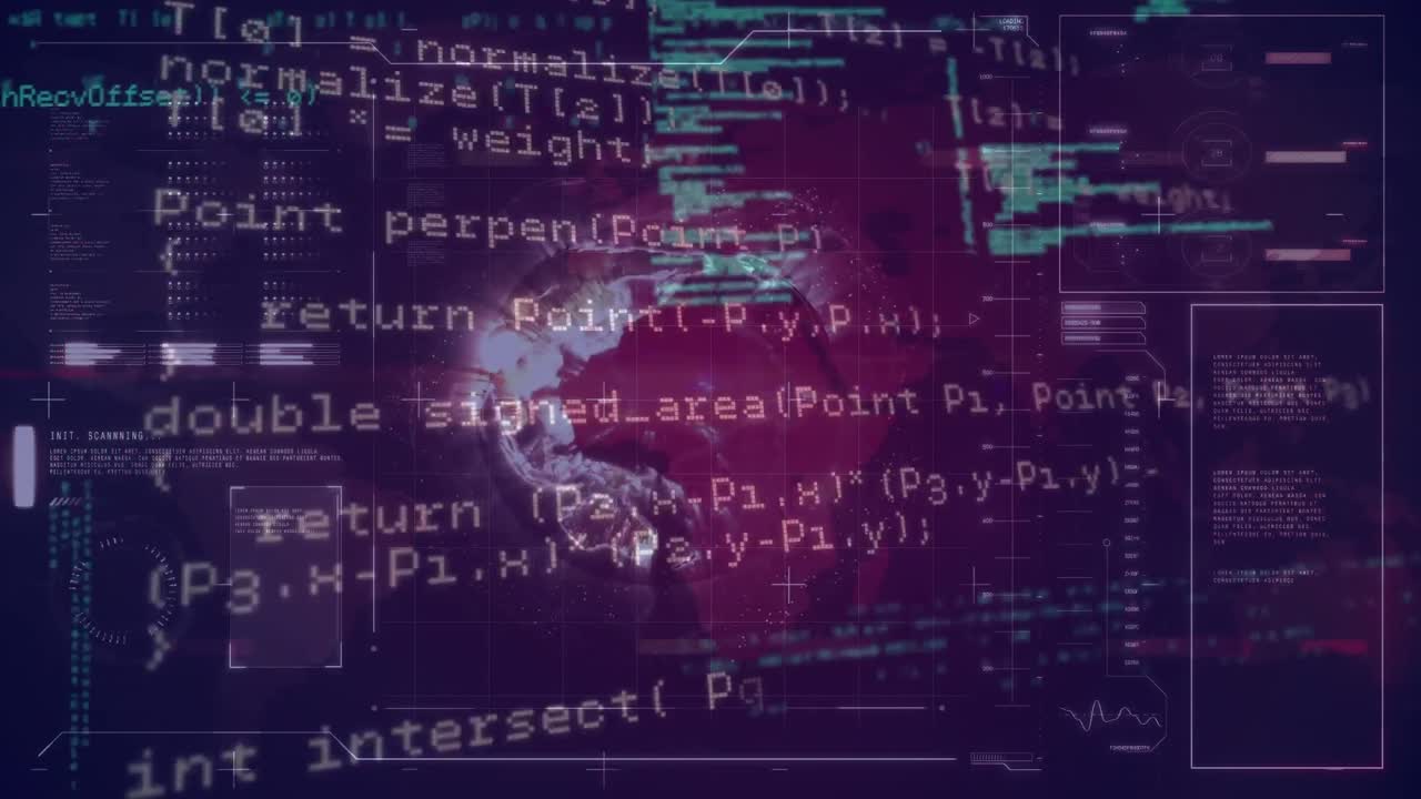 Animation of interface with data processing over spinning globe against black background