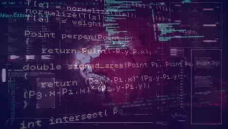 Animation-of-interface-with-data-processing-over-spinning-globe-against-black-background