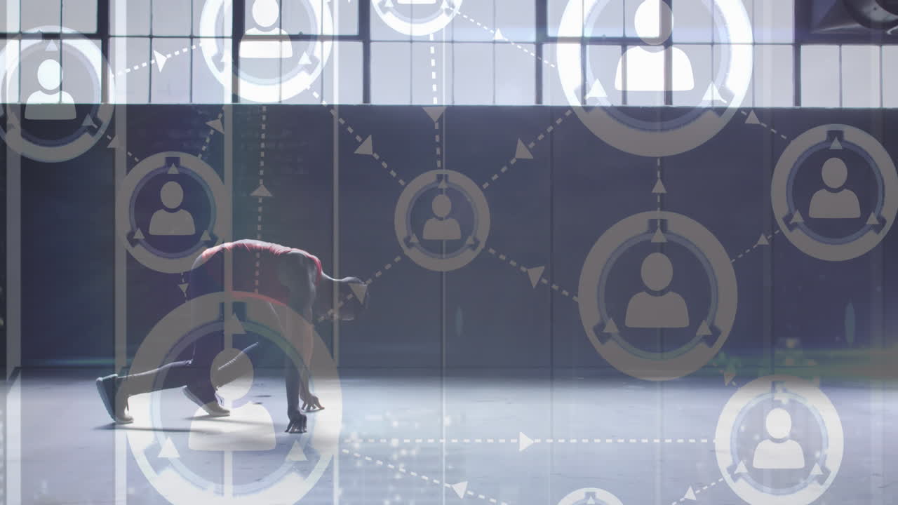 버려진 건물에서 조 ⁇ 하는 사람 위의 아이콘과 사람과의 연결 네트워크의 애니메이션