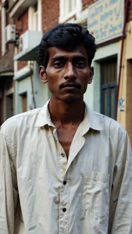 serious indian worker in his twenties stares intensely at the camera, conveying a sense of resilience and determination in his gaze, in a sequence of six almost identical portraits