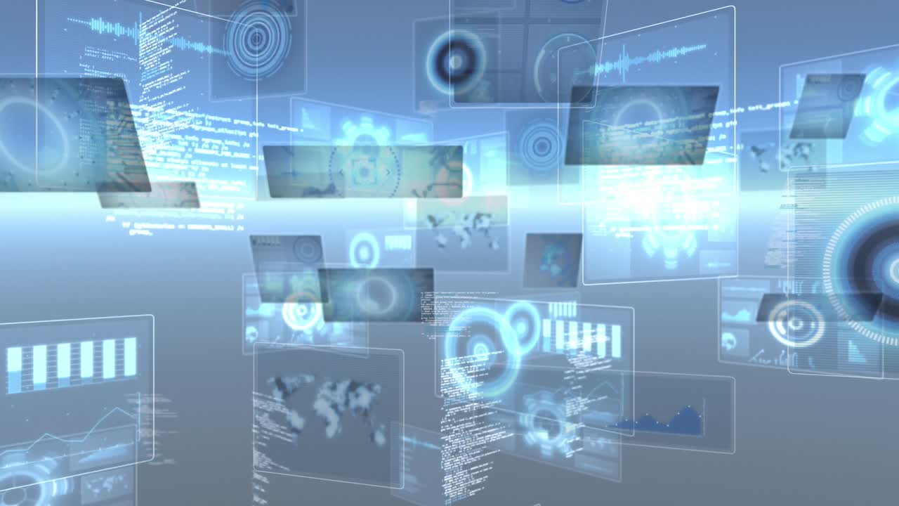 Animation of round scanners and data processing against blue gradient background