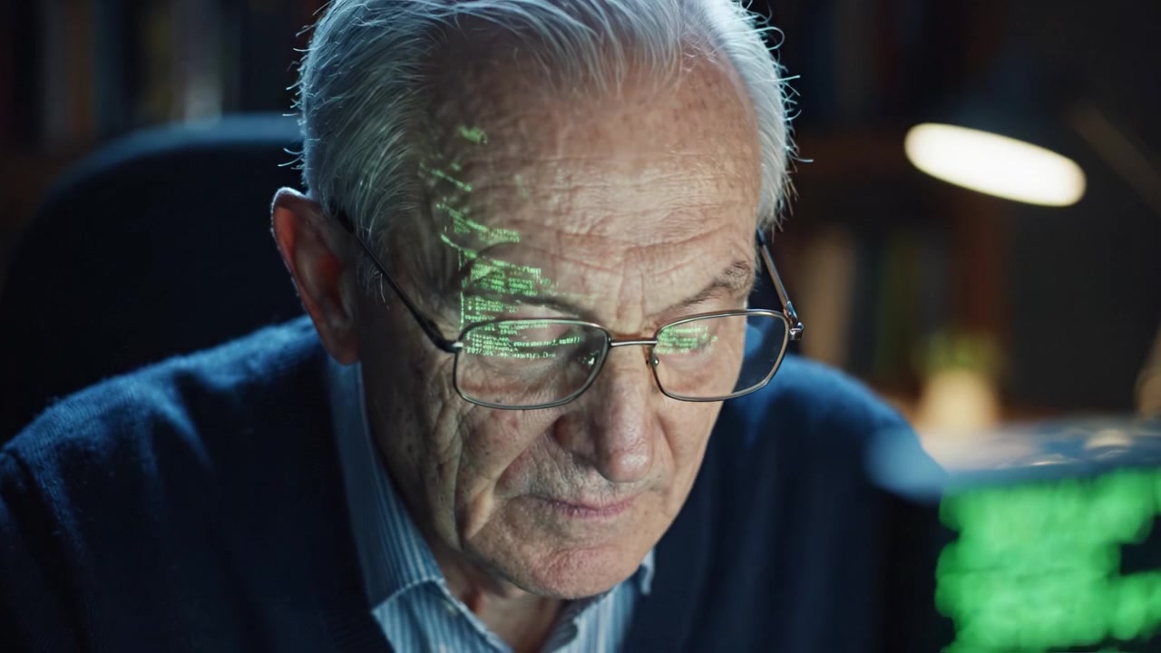 Focused Senior Man Analyzing Complex Data on Computer Screen with Reflection in Glasses, Delving into Technology and Digital Information in a Cozy Environment