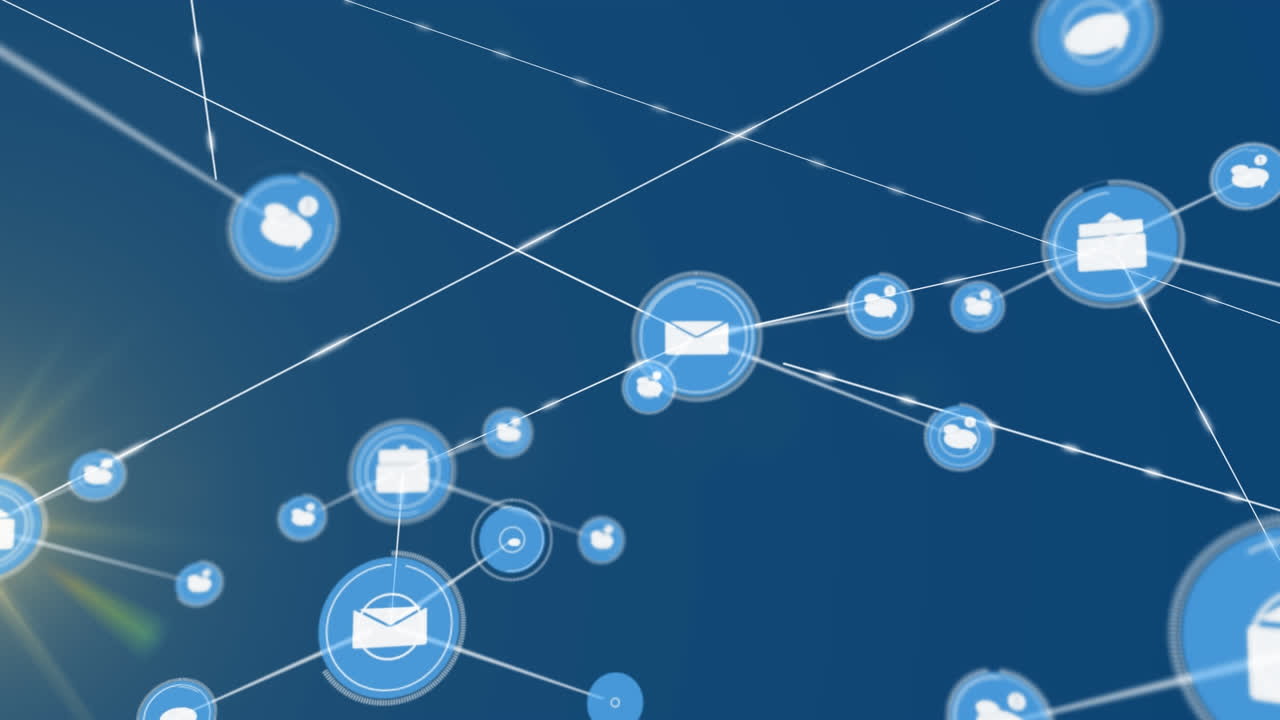 Animation of network of connections with icons over blue background
