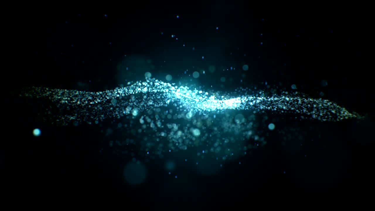Waving Water Blue Particles in Abstract Seamless Movement on Black Background. Looped 3d Animation of Blue Dots with Bokeh Blur.