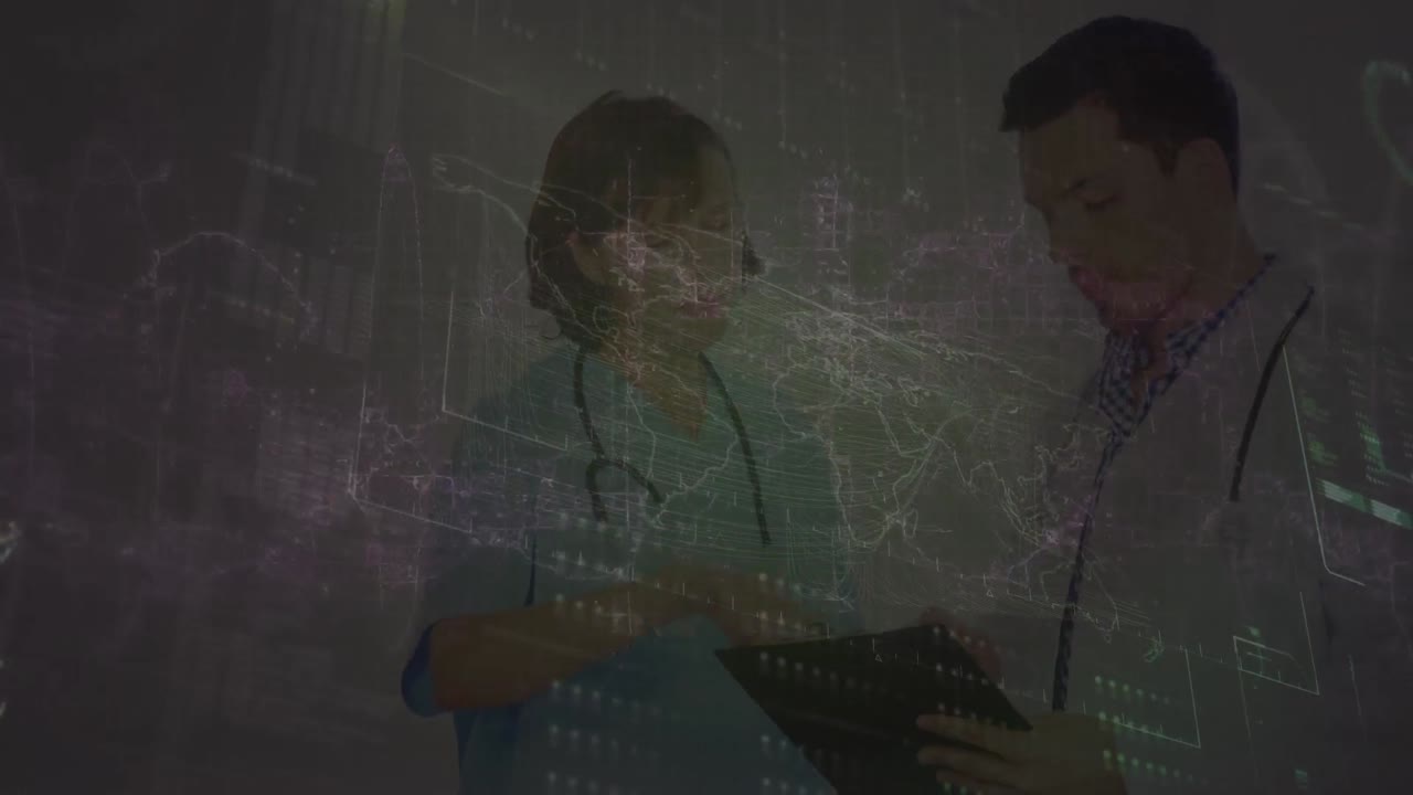 다양한 의사들에 대한 세계 지도와 함께 데이터 처리의 애니메이션