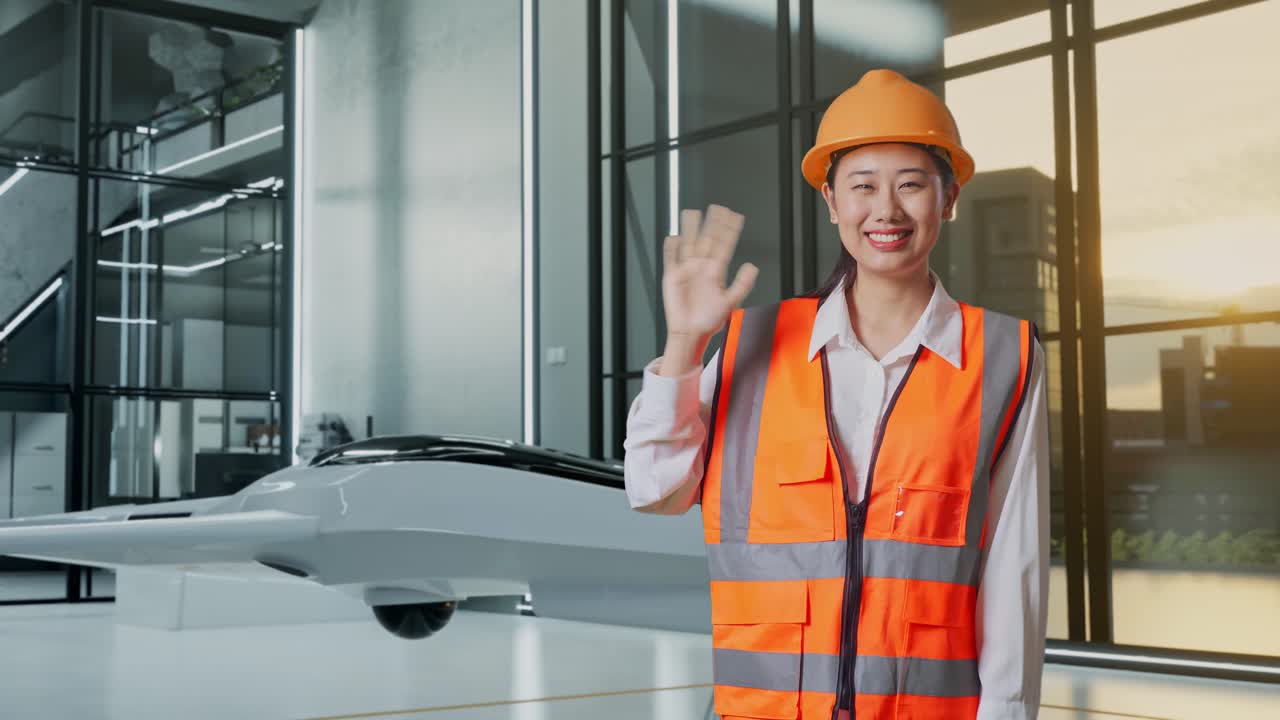 드론으로 현대적인 사무실에서 손을 흔들고 있는 엔지니어