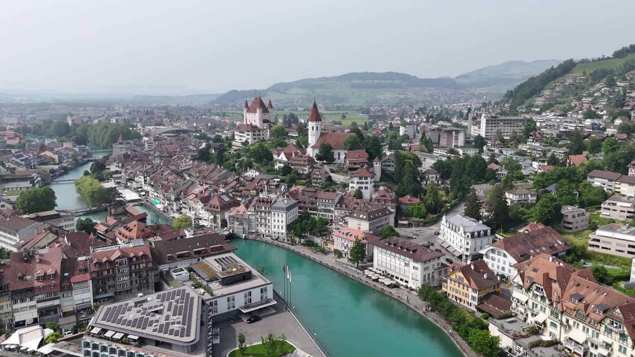 Thun town Switzerland drone,aerial Panning ascending footage