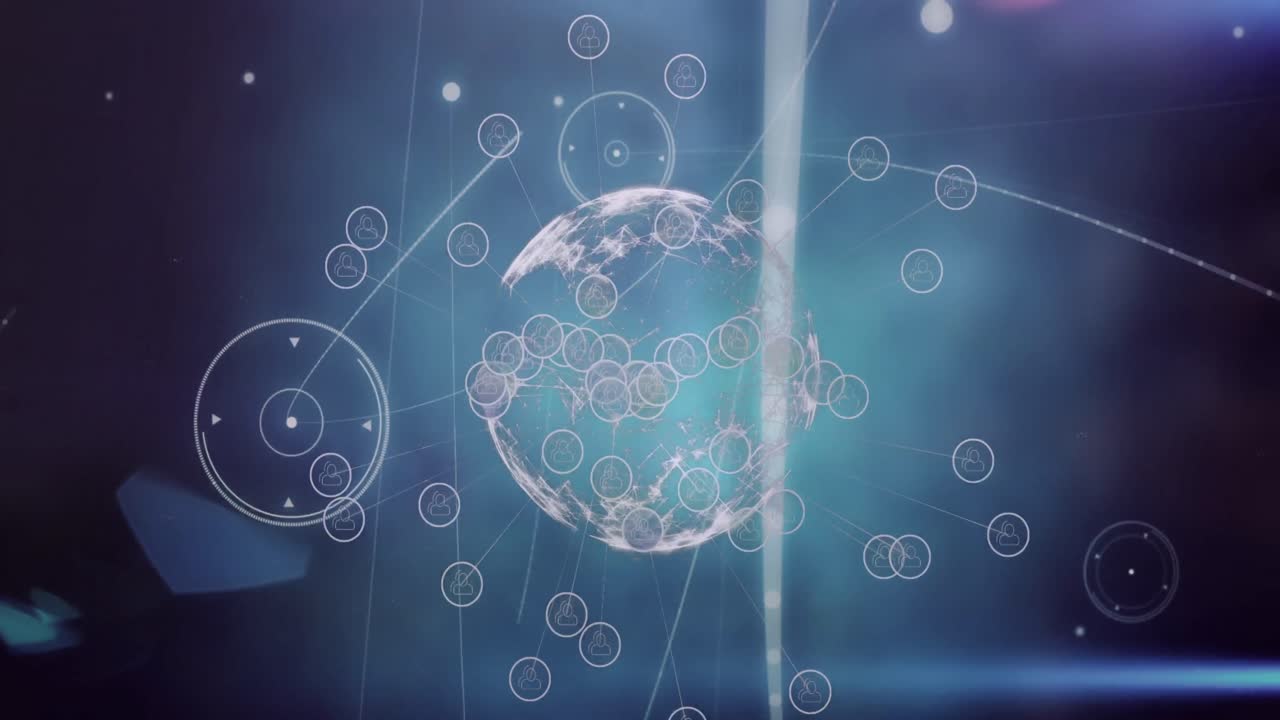 추상적인 배경에 연결된 점 위에 전 세계의 아이콘의 애니메이션