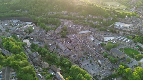 short slow moving drone shot of todmorden town center as the sun was setting on a calm mid week evening