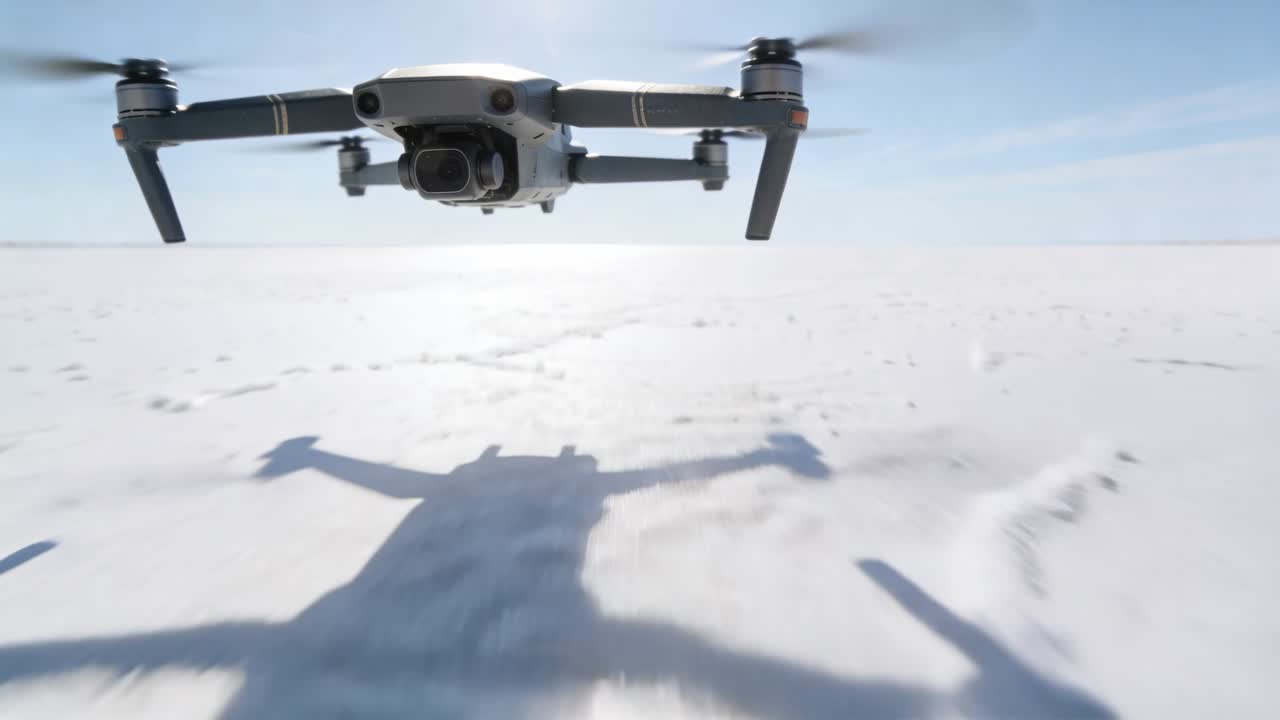 Hovering consumer drone rotors spinning, approaching camera over snow plain, forward camera showing