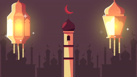 ramadan kareem animation with lanterns hanging and temple scene