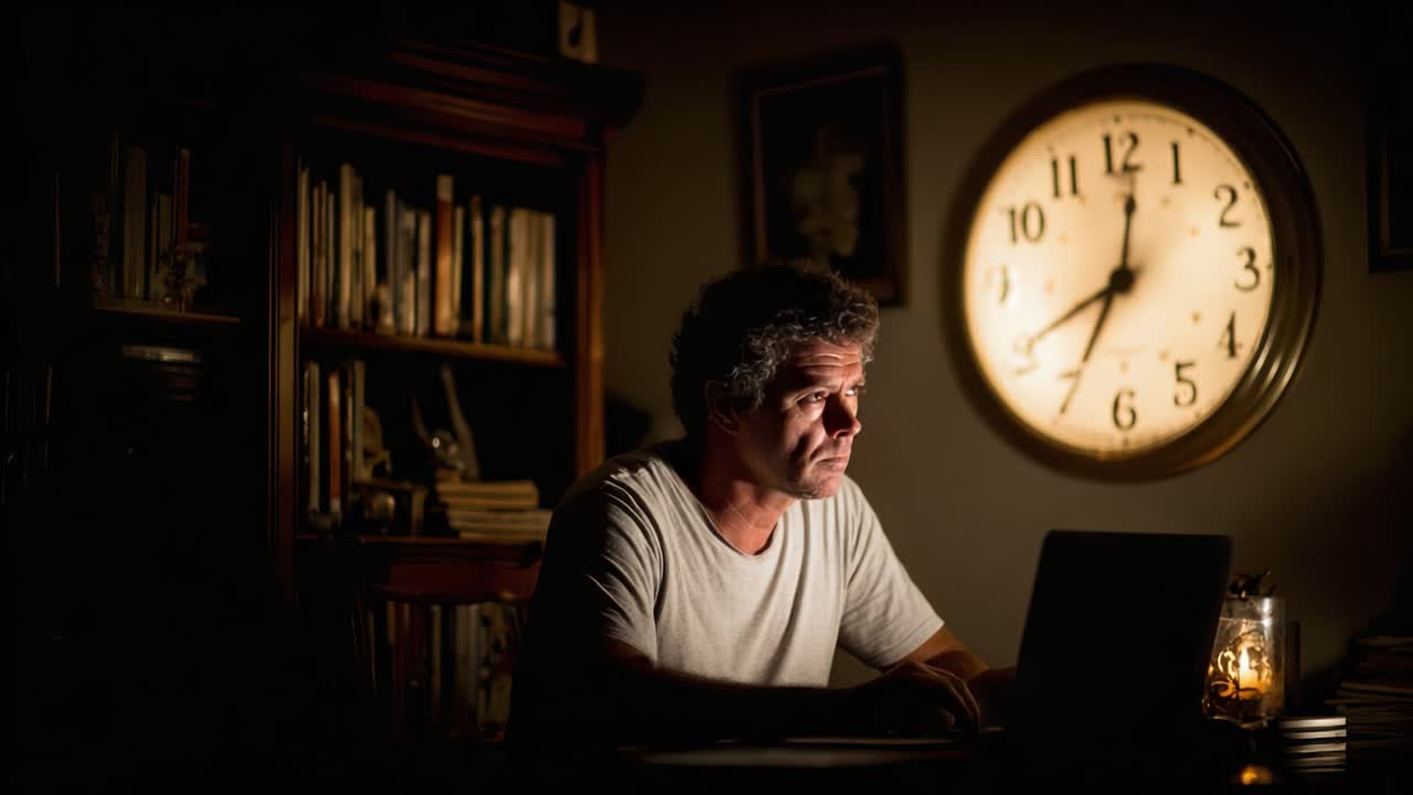 Una figura solitaria estudia diligentemente en un escritorio tenuemente iluminado mientras un gran reloj marca el paso del tiempo en el ambiente tranquilo de la habitación.