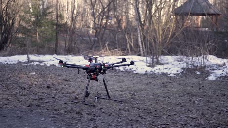 drone in a winter forest