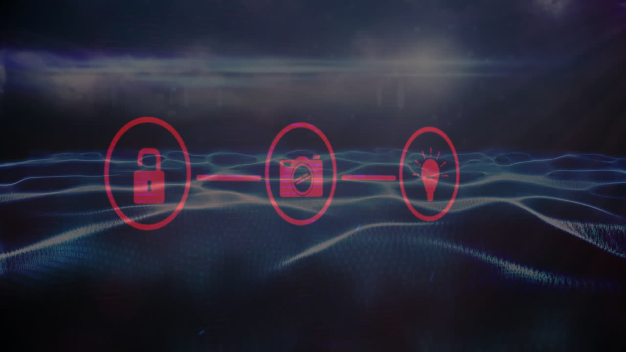 animación de iconos con conexiones a través del procesamiento de datos digitales en fondo oscuro