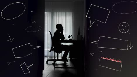 silhouettes of a frustrated man working on a computer - empty placeholder speech bubbles