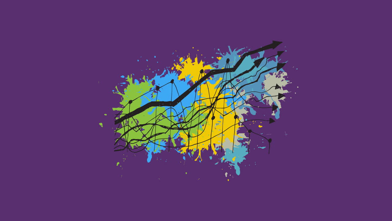 Animation of statistics and paint splodges on purple background