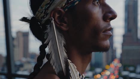 native american man in cityscape