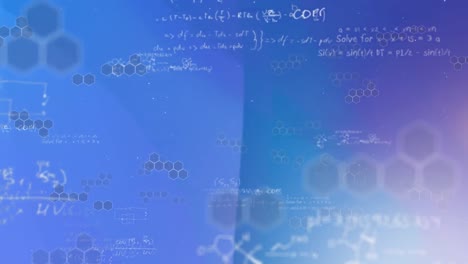 animation of hexagons and mathematics equations on blue background