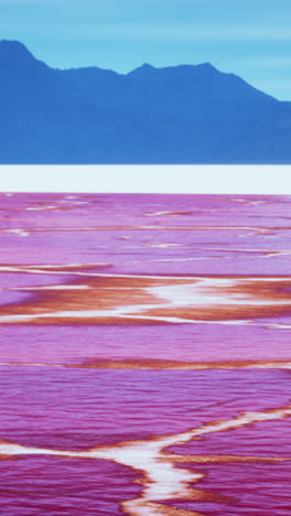 pink lake with mountains in the background