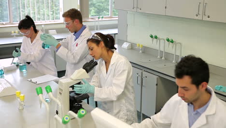 Equipo-De-Estudiantes-De-Ciencias-Enfocados-Trabajando-Juntos-En-El-Laboratorio