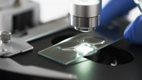 video de primer plano de un científico usando un microscopio de laboratorio con espacio de copia en fondo blanco
