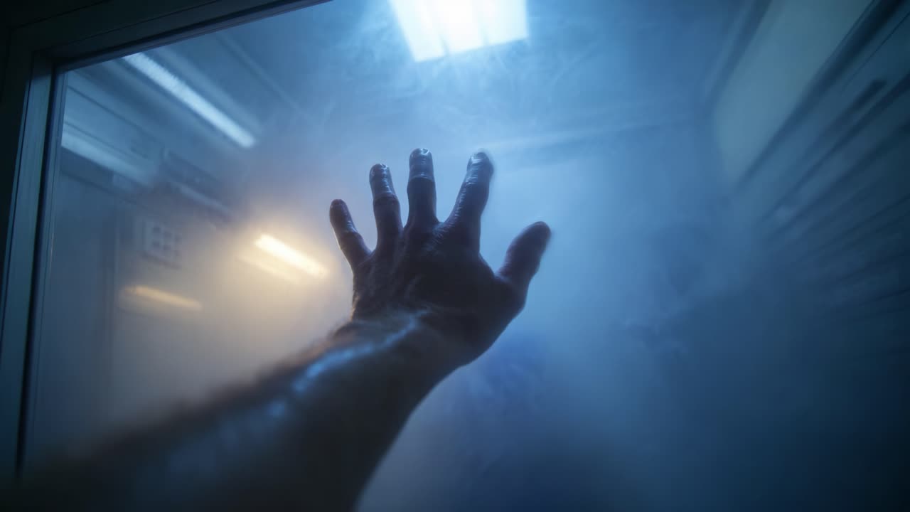 A Haunting Reflection of a Hand Pressing Against a Misty Glass Surface, Symbolizing Desperation and Longing in an Atmosphere of Isolation and Uncertainty in the Unknown