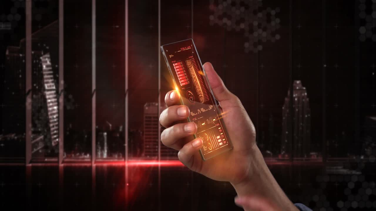 디지털로 생성된 배경을 배경으로 미래의 휴대폰을 손에 들고 있습니다.