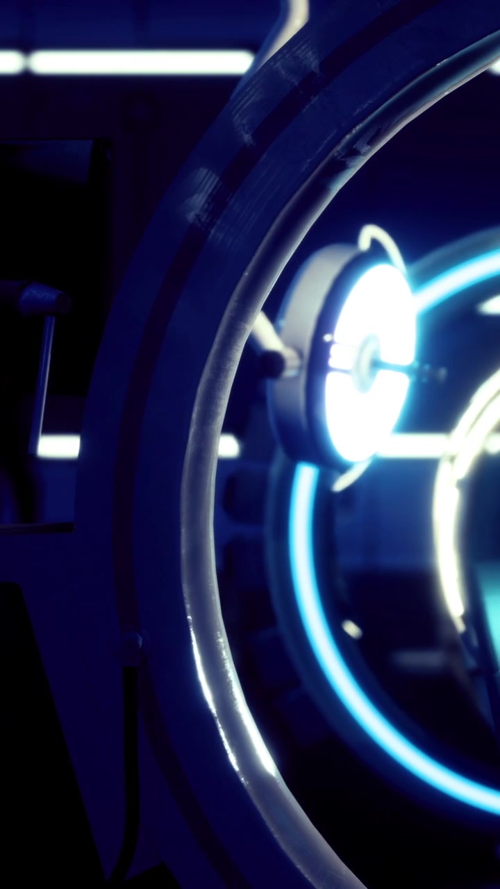 Exploring a futuristic device in a dimly lit room with neon lights