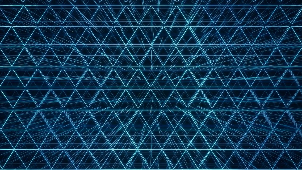 Blue Triangular Digital Grid Network Extends Into Perspective With Repeating Glowing Lines, Precise Geometry