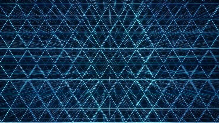 Blåt trekantet digitalt gitter netværk strækker sig i perspektiv med gentagne glødende linjer, præcis geometri