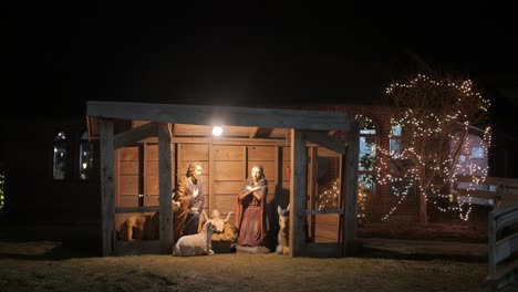 La-Escena-De-La-Natividad,-La-Decoración-Navideña-Al-Aire-Libre-En-Una-Noche-Tranquila-En-El-Campo