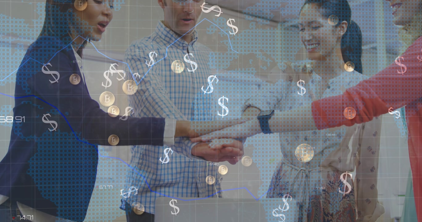 Animation of dollars and graphs over diverse businesspeople clapping hands