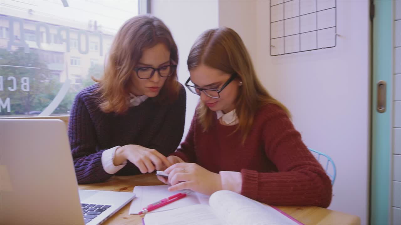 dos mujeres jóvenes colaborando en sus estudios en un café.