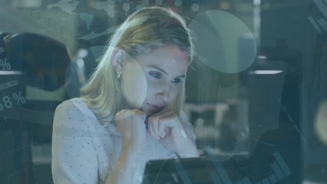 animación del procesamiento de datos estadísticos sobre una mujer caucásica pensativa que mira la pantalla de la computadora