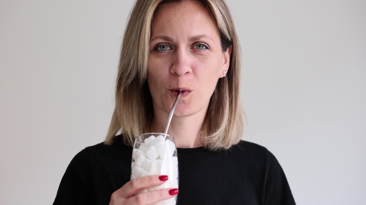 Positive woman drinks using straw white sugar in glass