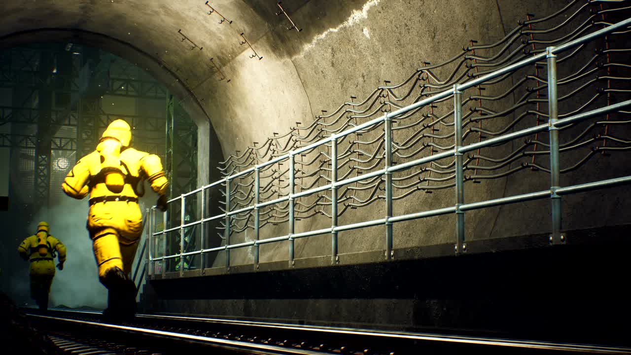 People in protective chemical clothing run through the tunnel. The concept of a post-apocalyptic world during a global pandemic. Looping 3D animation.