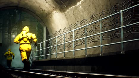 people in protective chemical clothing run through the tunnel. the concept of a post-apocalyptic world during a global pandemic. looping 3d animation.