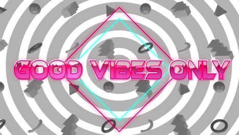 animation of good vibes only text over gray shapes and circles on white background