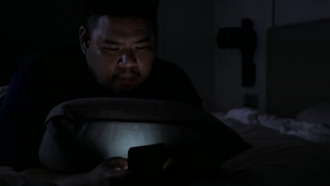 Asiatischer-Mann,-Während-Er-Mit-Dem-Handy-Chattet-Und-Nachts-Im-Schlafzimmer-Auf-Dem-Bett-Liegt