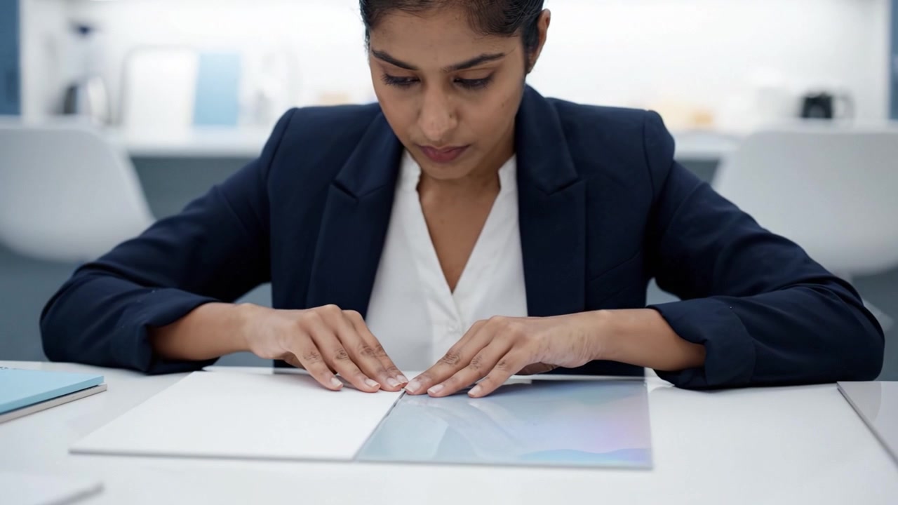 Analisi mirata: Una donna professionista impegnata nella revisione e valutazione di documenti in un moderno ambiente d'ufficio con un design minimalista.
