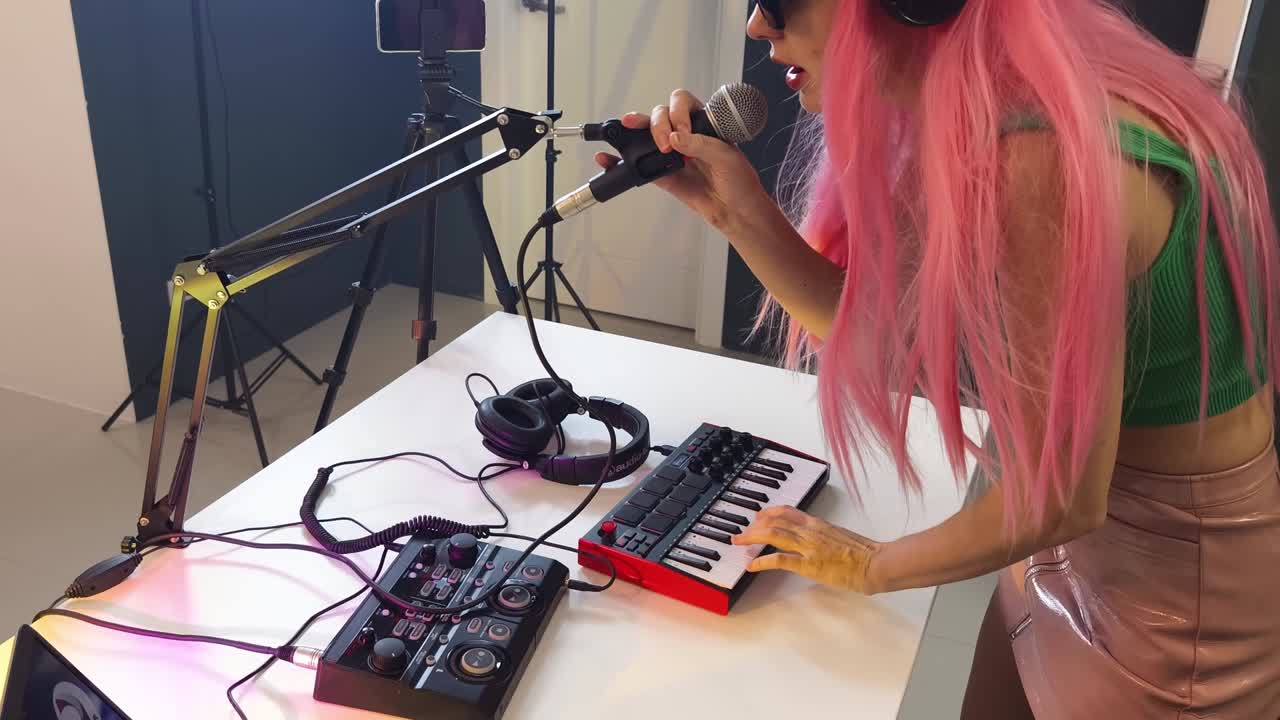 mujer grabando música en un estudio casero