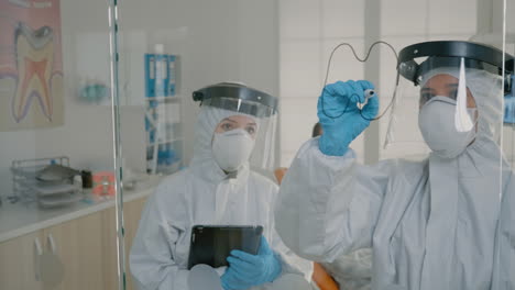 team of stomatologists wearing ppe suits using tablet