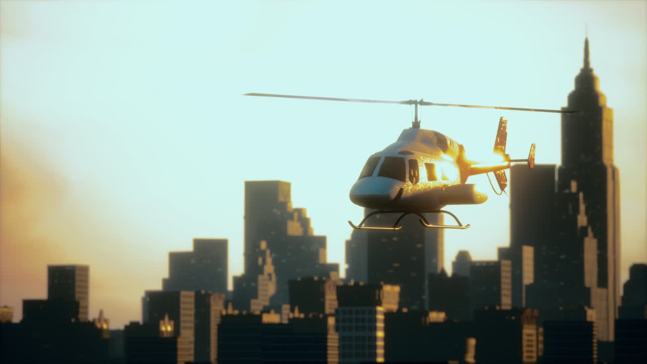 도시 풍경 배경에 실루 ⁇  헬리 ⁇ 터