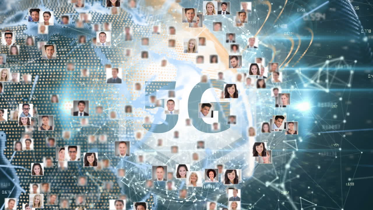 animación de texto 5g, globo de red de conexiones con las fotos de las personas