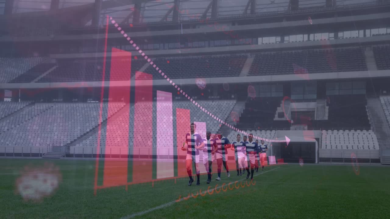 스포츠 경기장에서 남성 럭비 선수 팀을 상대로 코로나바이러스 디지털 인터페이스