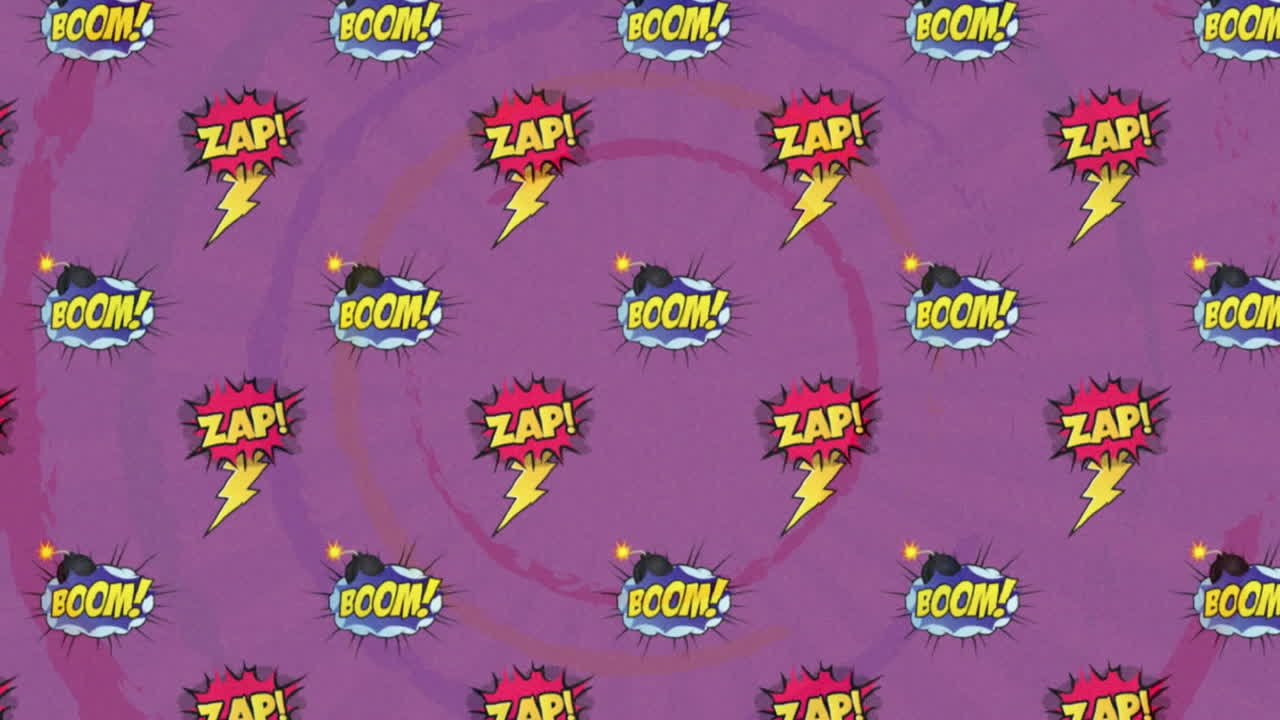Animation of zap and boom texts with icons over circles on purple background