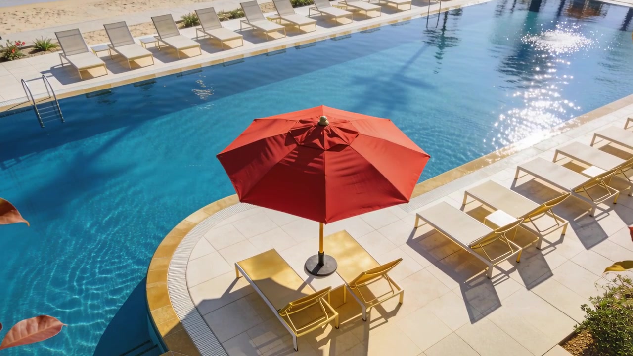 Riprese di un ombrellone rosso e sedie gialle a bordo piscina mentre due persone camminano in costume da bagno per svago