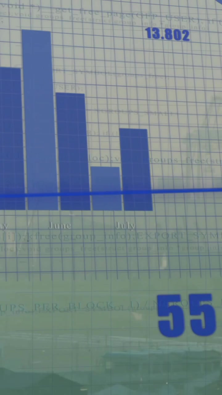 Video verticale: Telecamera che scorre su un pannello trasparente, rivelando barre blu e evidenziando il 22%