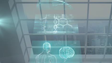 digital medical scan animation over cityscape through large office windows