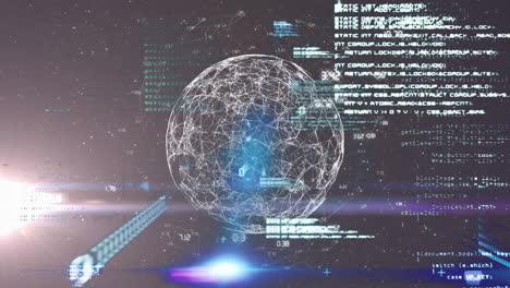 digital animation of globe with network connections and coding text in background
